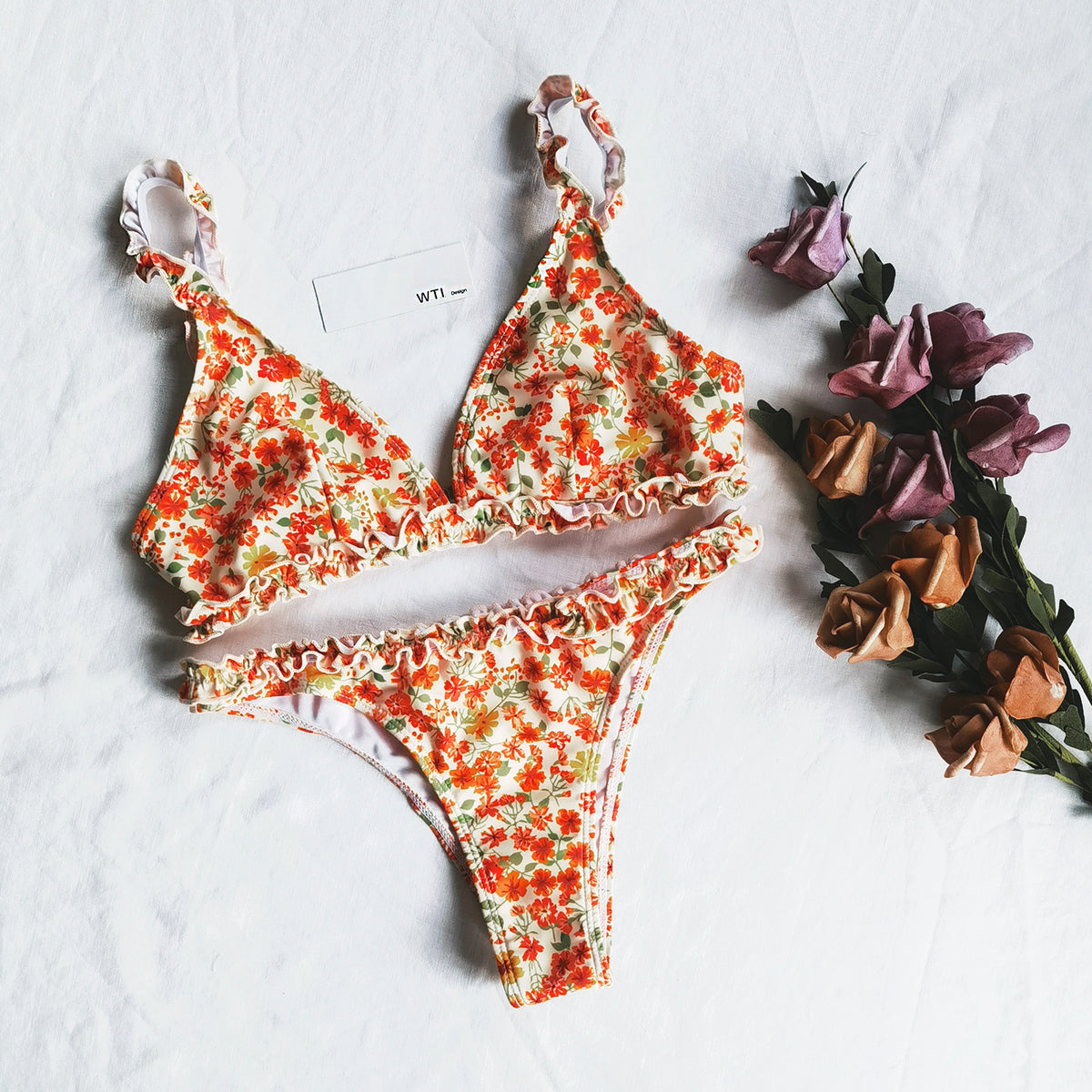 Floral Crop Top Ruffle Hems Bikini Swimsuit