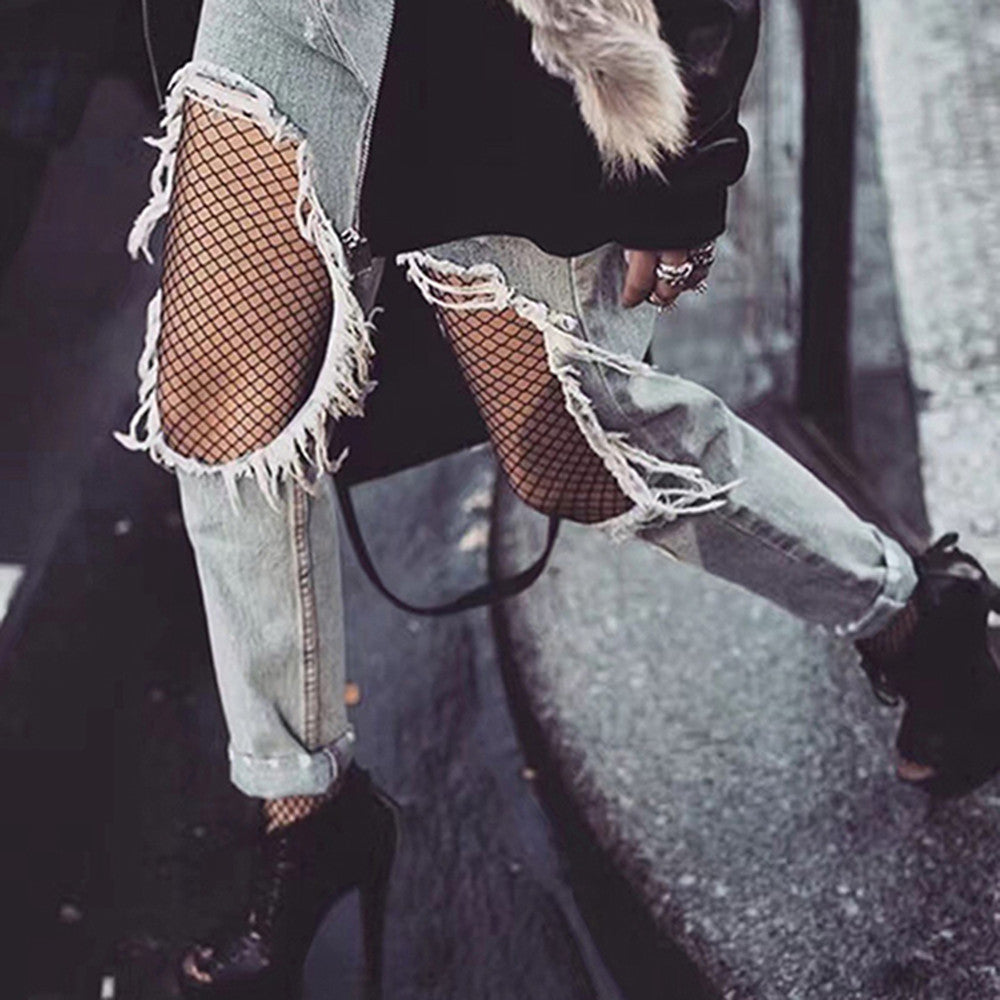 Women High Waisted Fishnet Stockings Sexy Hollow Out Thigh High Tights