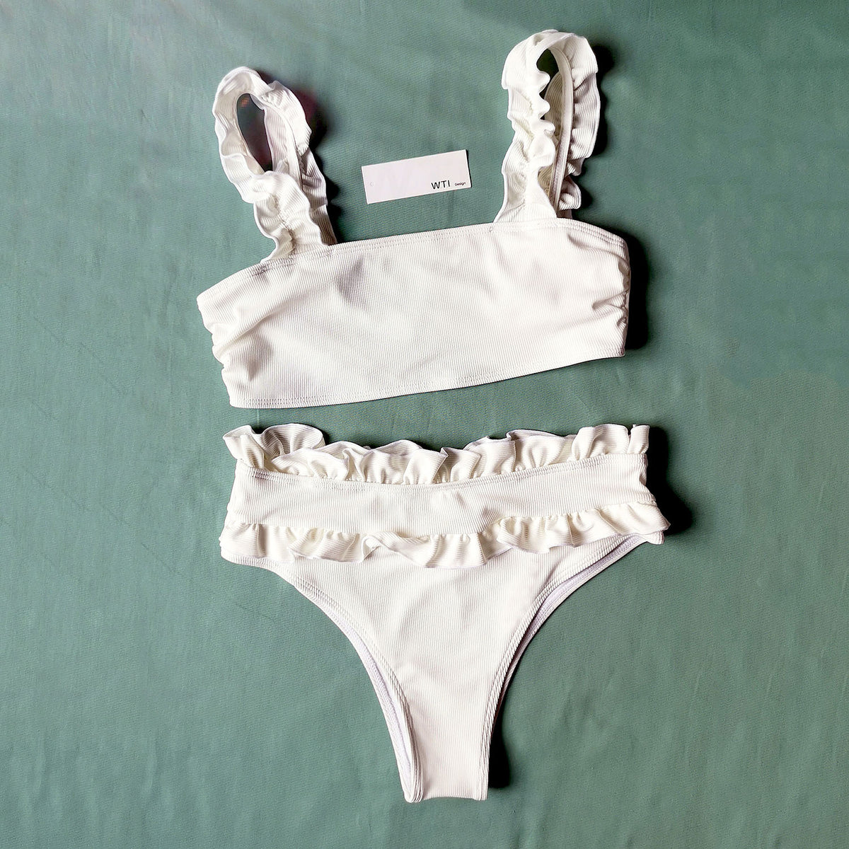 Ruffle Hem Scrunched High Waisted Bandeaux Bikini Set – W.T.I. Design