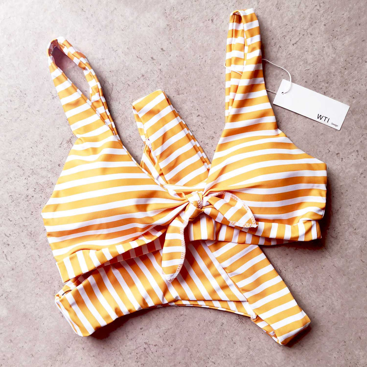 Yellow Stripes Bow Tie Front High Rise Bikini Set - worthtryit.com
