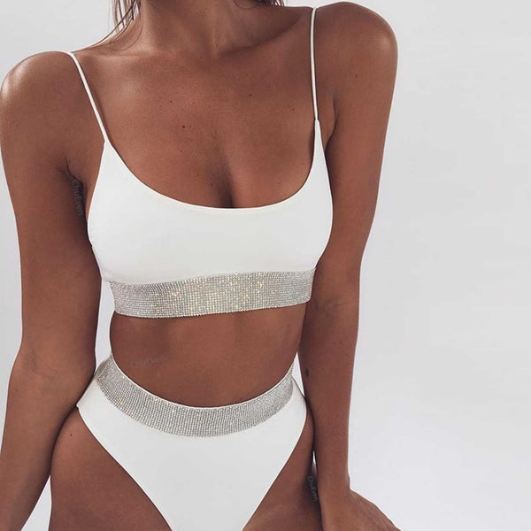 Metallic Silver Short Sleeve Cropped Lace Up High-Waisted Bikini