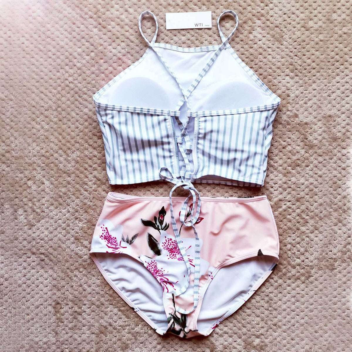 Striped Lace Up Back High Neck Crop Bikini Two Piece Swimsuit – Rose  Swimsuits