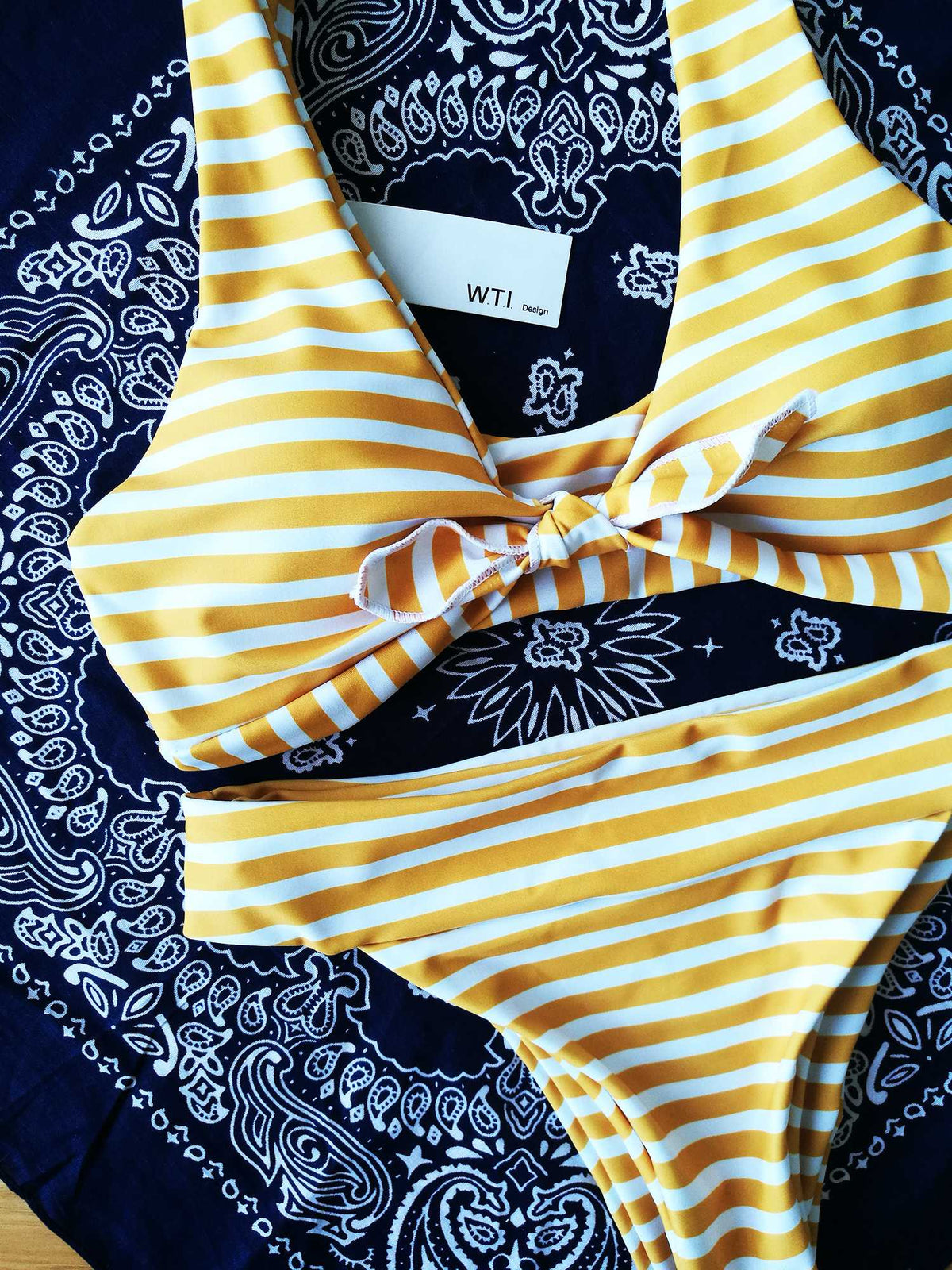 Yellow Stripes Bow Tie Front High Rise Bikini Set - worthtryit.com