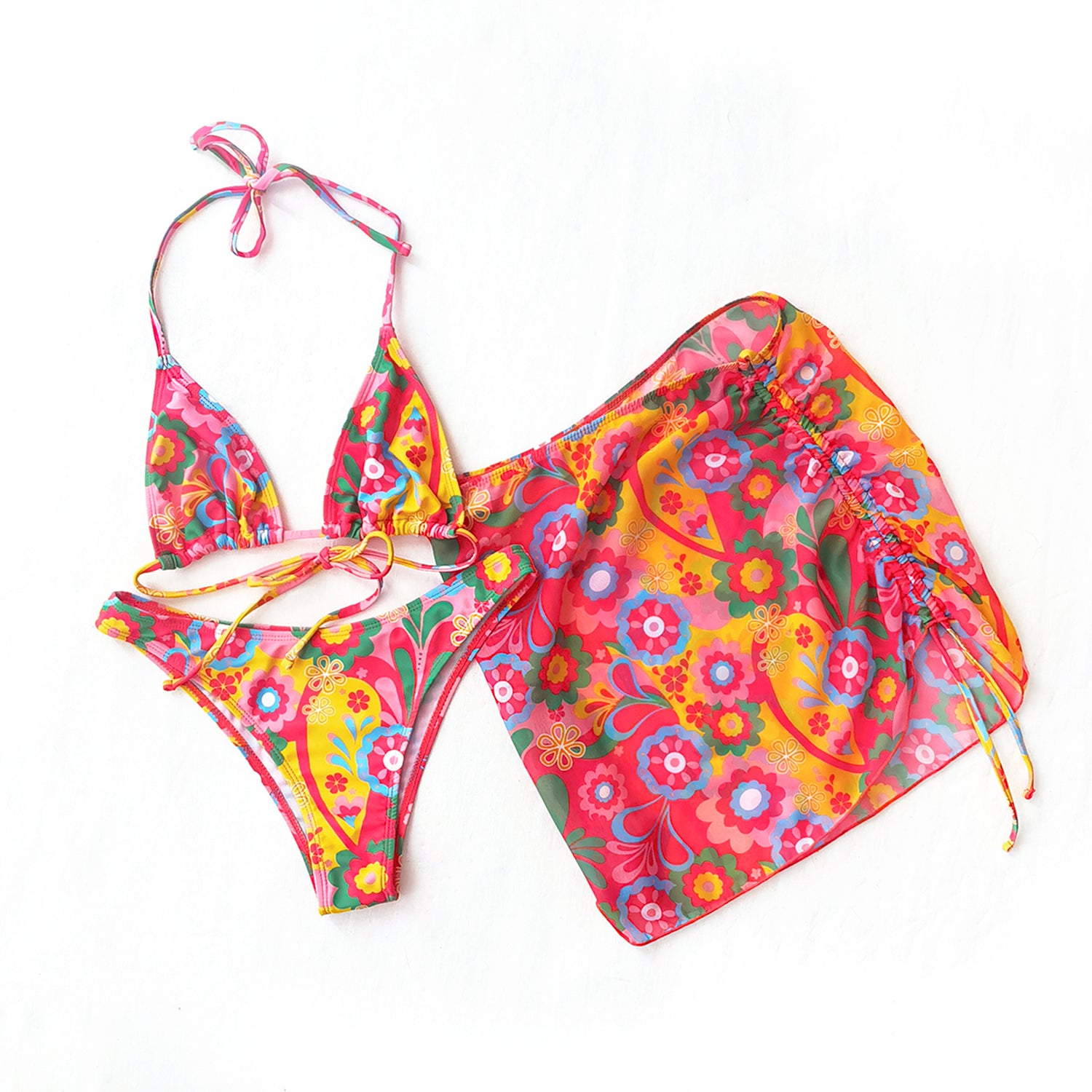 Tizzi - Multi Color Wonder Fabric Print Abstract Floral Knotted Bikini Set  For Women